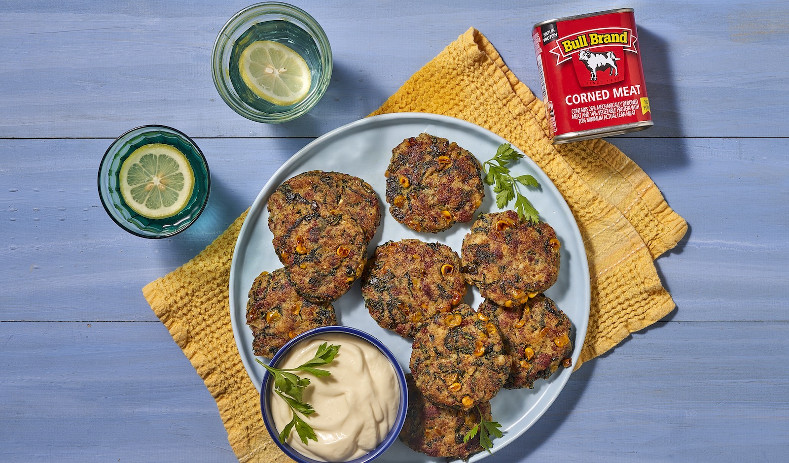 Bull Brand Corned Meat Sweetcorn and Spinach Fritters - Bull Brand